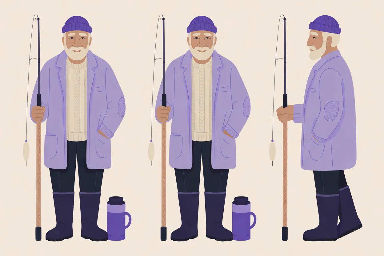 The Old Angler character sheet on a warm cream background: two identical full-body front views with a slight closed-mouth smile, one hand holding an upright fishing rod with a cream float on its line and the other hand in his coat pocket, a violet thermos standing by his boots, and a full-body side view facing left, holding the rod upright in front of him. In every view he has a short white beard and wears a deep-violet knit cap, a cream cable-knit sweater, a lavender coat with a dotted elbow patch, dark trousers and tall dark-violet rubber boots.