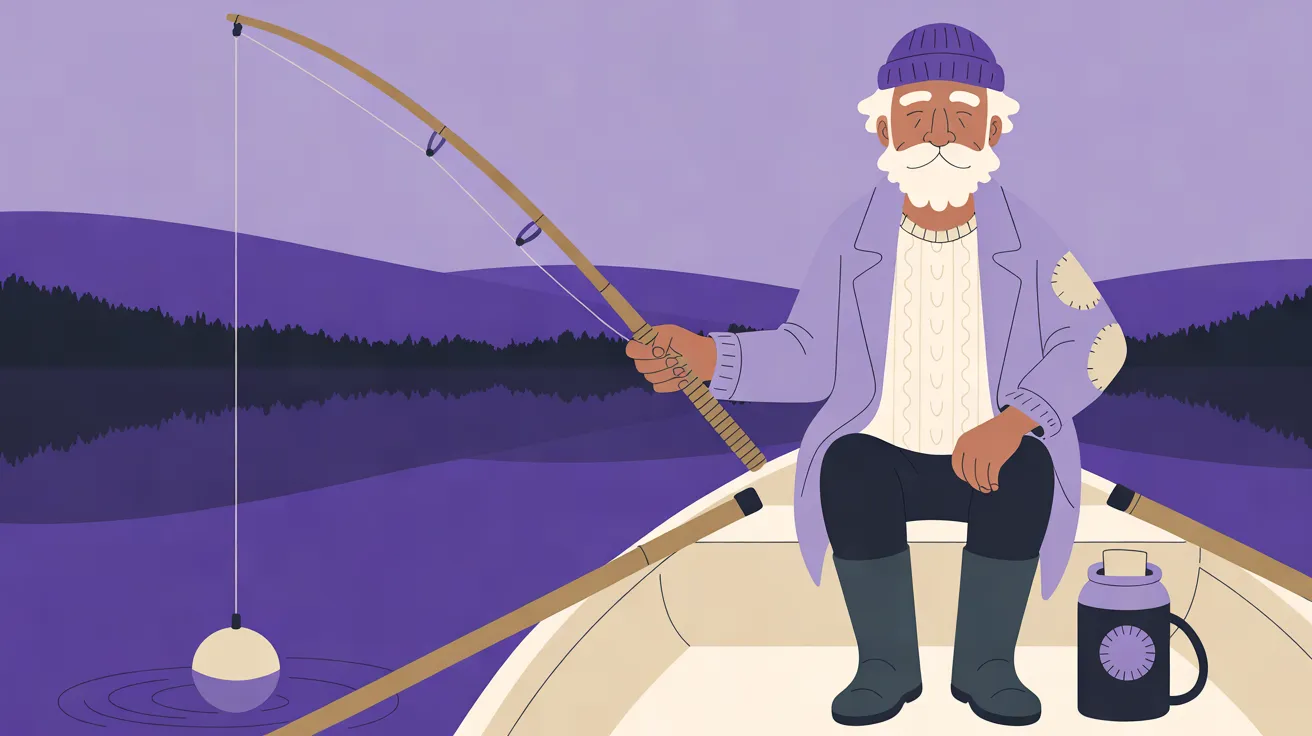 The Old Angler, an old man with a short white beard, bushy white eyebrows and a deep-violet knit cap, smiling with his eyes closed, sits at the right in a cream rowing boat in a cream cable-knit sweater, an open lavender coat with cream patches on the sleeve, dark trousers and grey-green rubber boots, one hand on his knee and the other holding a cane rod out to the left. From the rod tip a line drops to a round cream float in the still violet water, ringed by ripples, and a dark thermos with a lavender lid and a handle stands by his boot, with oar handles resting along both sides of the boat. Behind him violet hills and a dark line of pines are mirrored in the lake under a pale lavender sky.