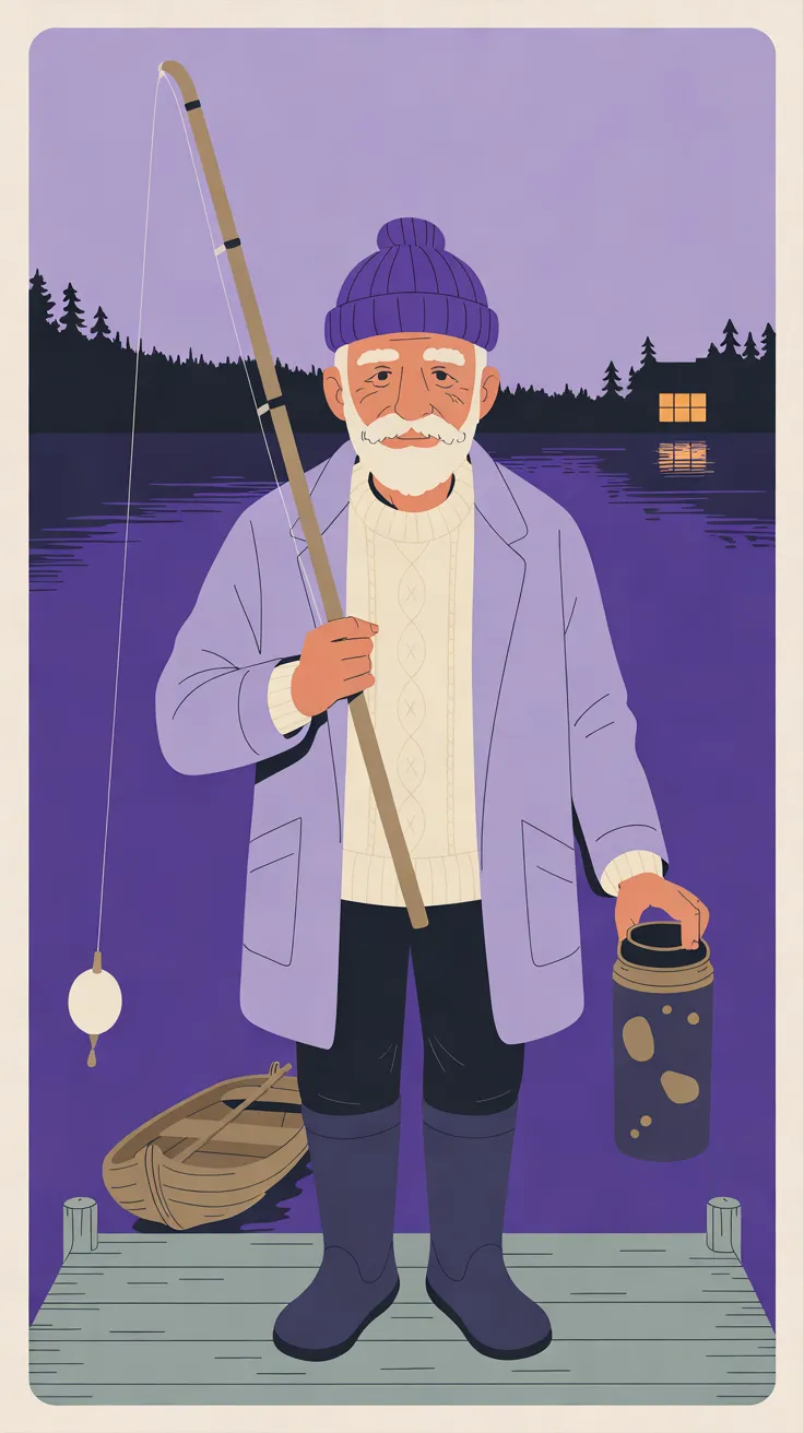 The Old Angler standing at the end of a grey-green wooden dock in a deep-violet knit cap with a pompom, a cream cable-knit sweater, an open lavender coat, dark trousers and violet rubber boots, holding a cane rod across his chest in one hand, its line and cream float hanging at the left, and a dark thermos with tan spots by its lid in the other. A small wooden rowing boat lies beside the dock, and behind him a still violet lake runs back to a dark line of pines with one lit cabin window reflected in the water, under a pale lavender sky, all inside a cream border.